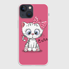 Чехол для iPhone 13 mini с принтом Cute в Рязани,  |  | animal | bow | child | cute | drawing | funny | kitten | look | бант | взгляд | детский | животное | котенок | милый | прикольный | рисунок