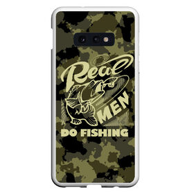 Чехол для Samsung S10E с принтом Real men do fishing в Рязани, Силикон | Область печати: задняя сторона чехла, без боковых панелей | Тематика изображения на принте: bait | black | fish | fisherman | fishing | hook | man | white | белый | занимается | камуфляж | крючок | мужчина | наживка | настоящий | реальный | рыба | рыбак | рыбалка | черный