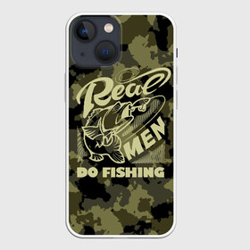 Чехол для iPhone 13 mini с принтом Real men do fishing в Рязани,  |  | bait | black | fish | fisherman | fishing | hook | man | white | белый | занимается | камуфляж | крючок | мужчина | наживка | настоящий | реальный | рыба | рыбак | рыбалка | черный