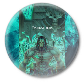 Значок с принтом Darksiders 2 в Рязани,  металл | круглая форма, металлическая застежка в виде булавки | 3d | 3dвосприятие | action rpg | darksiders 2 | апокалипсис | арт | верблюд | война | всадник | желтый | зеброид | игра | караван | компьютерная | конь | монстры | серый | слешер