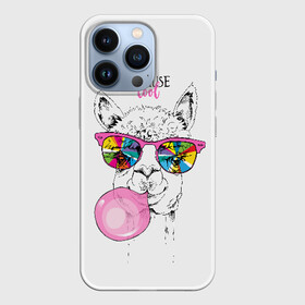 Чехол для iPhone 13 Pro с принтом Because cool в Рязани,  |  | alpaca | animal | chewing | cool | funny | gum | head | llama | muzzle | puffed up | rainbow | альпака | голова | жевательная | животное | забавный | лама | надутая | очки | прикольный | радужные | резинка | смешная