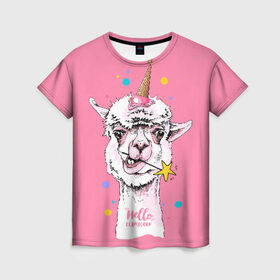 Женская футболка 3D с принтом Hello llamacorn в Рязани, 100% полиэфир ( синтетическое хлопкоподобное полотно) | прямой крой, круглый вырез горловины, длина до линии бедер | alpaca | animal | carnival | cool | cup | head | horn | ice cream | llama | look | pink | slogan | star | unicorn | waffle | альпака | вафельный | взгляд | голова | единорог | животное | звезда | карнавал | лама | мороженое | привет | прикольный | р