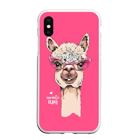 Чехол для iPhone XS Max матовый с принтом Romantic llama в Рязани, Силикон | Область печати: задняя сторона чехла, без боковых панелей | Тематика изображения на принте: alpaca | animal | cool | flowers | head | heart | inscription | llama | look | pink | romance | альпака | взгляд | голова | животное | лама | любовь | надпись | очки | прикольный | розовые | романтика | сердце | цветы