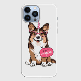 Чехол для iPhone 13 Pro Max с принтом I am so magical в Рязани,  |  | Тематика изображения на принте: animal | breed | dog | funny | horn | im so | inscription | look | magic | masquerade | pink | smile | unicorn | вельш корги кардиган | взгляд | единорог | животное | забавный | магия | маскарад | надпись | очки | порода | прикольный | рог