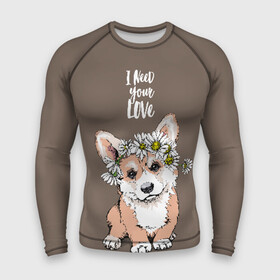 Мужской рашгард 3D с принтом I need your love в Рязани,  |  | animal | breed | chamomile | cute | dog | flowers | funny | i need your love | inscription | puppy | welsh corgi pembroke | вельш корги пемброк | животное | забавный | любовь | милый | мне нужна твоя любовь | надпись | порода | ромашки | собака | цв