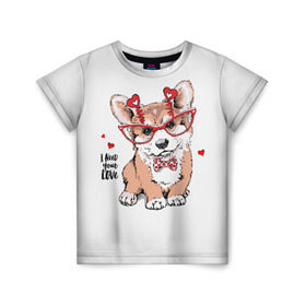 Детская футболка 3D с принтом I need your love в Рязани, 100% гипоаллергенный полиэфир | прямой крой, круглый вырез горловины, длина до линии бедер, чуть спущенное плечо, ткань немного тянется | animal | bow | bow tie | breed | cute | dog | funny | hearts | i need your love | polka dot | puppy | red | the inscription | white | бант | белый | вельш корги пемброк | галстук бабочка | горошек | животное | забавный | красный | любовь | милый | м