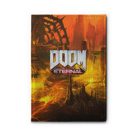 Обложка для автодокументов с принтом DOOM ETERNAL в Рязани, натуральная кожа |  размер 19,9*13 см; внутри 4 больших “конверта” для документов и один маленький отдел — туда идеально встанут права | Тематика изображения на принте: doom | doom eternal | game | дум