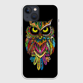 Чехол для iPhone 13 с принтом Сова в Рязани,  |  | art | background | big | bird | black | drawing | eyes | multicolored | owl | sight | symbol | wisdom | большие | взгляд | глаза | искусство | мудрость | птица | разноцветный | рисунок | символ | сова | филин | фон | черный