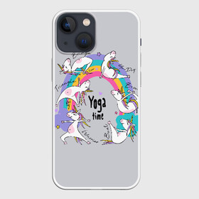 Чехол для iPhone 13 mini с принтом Yoga time в Рязани,  |  | animal | asana | boat | bow | children | drawing | funny | hearts | horses | inscriptio | om | rainbow | stars | triangle | unicorns | warrior | yoga | zen | асана | воин | детский | дзен | животное | забавный | звезды | йога | лодка | лошади | лук | мост