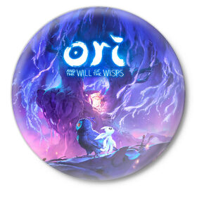 Значок с принтом Ori - And The Will Of The Wisp в Рязани,  металл | круглая форма, металлическая застежка в виде булавки | Тематика изображения на принте: microsoft studios | moon studios | ori | ori and the blind forest | unity | лес | луна | нибела | ночной лес | ночь | ори | платформер | сова