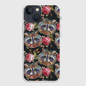 Чехол для iPhone 13 mini с принтом Еноты в Рязани,  |  | animals | art | drawing | embroidery | flower | raccoons | rose | touches | wild | вышивка | дикие | еноты | животные | звери | искусство | рисунок | роза | цветок | штрихи