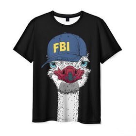 Мужская футболка 3D с принтом FBI в Рязани, 100% полиэфир | прямой крой, круглый вырез горловины, длина до линии бедер | beak | bird | blue | cap | fbi | funny | head | inscription | long | neck | ostrich | red | весёлый | голова | длинная | кепка | клюв | красный | надпись | птица | синяя | смешной | страус | фбр | шея