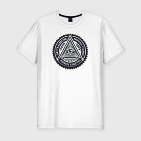 Мужская футболка премиум с принтом Новый мировой порядок в Рязани, 92% хлопок, 8% лайкра | приталенный силуэт, круглый вырез ворота, длина до линии бедра, короткий рукав | Тематика изображения на принте: всевидящее око | глаз | дельта | доллар | иллюминаты | масонство | масоны