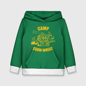 Детская толстовка 3D с принтом CAMP KNOW WHERE в Рязани, 100% полиэстер | двухслойный капюшон со шнурком для регулировки, мягкие манжеты на рукавах и по низу толстовки, спереди карман-кенгуру с мягким внутренним слоем | 80 е | 85 | camp know where | camp nowhere | dustin | netflix | stranger things | дастин | кепка дастина | нетфликс | очень странные дела