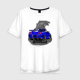 Мужская футболка хлопок Oversize с принтом R34 GODZILLA в Рязани, 100% хлопок | свободный крой, круглый ворот, “спинка” длиннее передней части | jdm | nissan | skyline | ниссан | скайлайн | форсаж