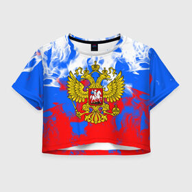 Женская футболка Cropp-top с принтом RUSSIA Flame Collection в Рязани, 100% полиэстер | круглая горловина, длина футболки до линии талии, рукава с отворотами | fire | flame | russia | sport | tricolor | герб | огонь | патриот | патриотизм | пламя | россия | спорт | триколор | флаг россии