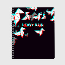 Тетрадь с принтом Heavy Rain (Glitch) в Рязани, 100% бумага | 48 листов, плотность листов — 60 г/м2, плотность картонной обложки — 250 г/м2. Листы скреплены сбоку удобной пружинной спиралью. Уголки страниц и обложки скругленные. Цвет линий — светло-серый
 | Тематика изображения на принте: 3d | game | glitch | heavy rain | геометрия | глитч | игра | надпись | оригами | хеви рейн