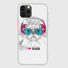 Чехол для iPhone 12 Pro Max с принтом I love music в Рязани, Силикон |  | animal | breed | bulldog | dog | emerald | graphic drawing | headphones | heart | i love music | music | music lover | pink | the inscription | бульдог | графический рисунок | животное | изумрудные | меломан | музыка | надпись | наушники | очки 