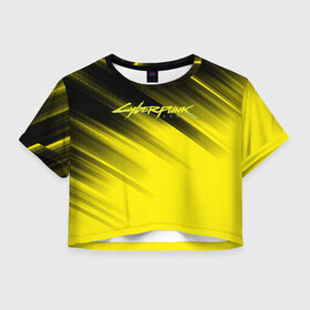 Женская футболка Cropp-top с принтом Cyberpunk 2077 (Yellow). в Рязани, 100% полиэстер | круглая горловина, длина футболки до линии талии, рукава с отворотами | Тематика изображения на принте: 3d | cyberpunk 2077 | red | абстракция | геометрия | игра | киберпанк 2077 | красный | лого | логотип | надпись | стиль | текстура