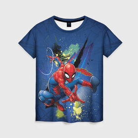 Женская футболка 3D с принтом Spider-man with a spiderweb в Рязани, 100% полиэфир ( синтетическое хлопкоподобное полотно) | прямой крой, круглый вырез горловины, длина до линии бедер | avengers | comics | marvel | peter parker | spider man | stan lee | super her | web shooter | комикс | марвел | марвэл | мстители | паутина | паучок | питер паркер | спайди | стэн ли | человек паук