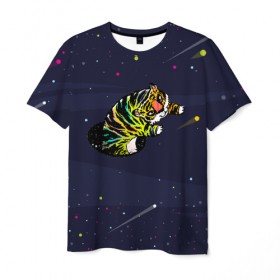 Мужская футболка 3D с принтом Тигр и телепорт (двусторонняя) в Рязани, 100% полиэфир | прямой крой, круглый вырез горловины, длина до линии бедер | галактика | звезды | космос | кот | кошка | полосатый | телепорт | тигр | тигренок