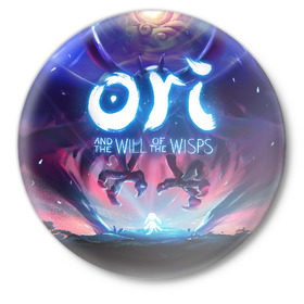 Значок с принтом Ori and the Blind Forest в Рязани,  металл | круглая форма, металлическая застежка в виде булавки | Тематика изображения на принте: blind forest | ori | sein | белка | гумо | кошка | куро | лиса | нару | непроглядный лес | ори | платформер | птенец | сейн | сова