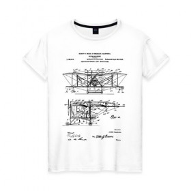 Женская футболка хлопок с принтом Patent - Flying machine в Рязани, 100% хлопок | прямой крой, круглый вырез горловины, длина до линии бедер, слегка спущенное плечо | patent | идея | история | летать | летающий | машина | механика | патент | разработка | самолет | чертеж | чертежи