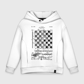 Детское худи Oversize хлопок с принтом Patent - Chess board в Рязани, френч-терри — 70% хлопок, 30% полиэстер. Мягкий теплый начес внутри —100% хлопок | боковые карманы, эластичные манжеты и нижняя кромка, капюшон на магнитной кнопке | Тематика изображения на принте: chess | patent | игра | идея | история | логика | настолка | патент | разработка | чертеж | чертежи | шахматы | шашки