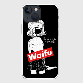 Чехол для iPhone 13 mini с принтом Waifu в Рязани,  |  | anime | bandage | blonde | cartoon | cheeky | closed | comic | face | girl | holds | inscription | japanese | knife | manga | notic | sempai | young | аниме | блондинка | девушка | держит | дерзкая | закрытое | заметь меня | комикс | лицо | манга | 