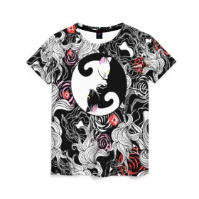 Женская футболка 3D с принтом Инь-Янь Котики в Рязани, 100% полиэфир ( синтетическое хлопкоподобное полотно) | прямой крой, круглый вырез горловины, длина до линии бедер | домашние животные | животные | инь янь | котики | милость | растение | цветы