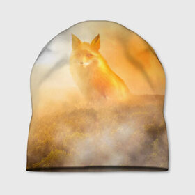 Шапка 3D с принтом Лисичка в тумане в Рязани, 100% полиэстер | универсальный размер, печать по всей поверхности изделия | animals | forest | fox | арт | животное | лес | лиса | лисичка | облака | рисунок | рыжая лиса | туман