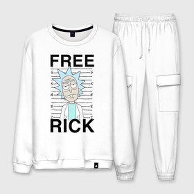 Мужской костюм хлопок с принтом Free Rick в Рязани, 100% хлопок | на свитшоте круглая горловина, мягкая резинка по низу. Брюки заужены к низу, на них два вида карманов: два “обычных” по бокам и два объемных, с клапанами, расположенные ниже линии бедра. Брюки с мягкой трикотажной резинкой на поясе и по низу штанин. В поясе для дополнительного комфорта — широкие завязки | c 137 | morty | morty smith | portal | rick | rick and morty | rick sanchez | sanchez | smith | морти | морти смит | портал | рик | рик и морти | рик санчез | санчез | смит