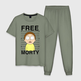 Мужская пижама хлопок с принтом Free Morty в Рязани, 100% хлопок | брюки и футболка прямого кроя, без карманов, на брюках мягкая резинка на поясе и по низу штанин
 | c 137 | morty | morty smith | portal | rick | rick and morty | rick sanchez | sanchez | smith | морти | морти смит | портал | рик | рик и морти | рик санчез | санчез | смит