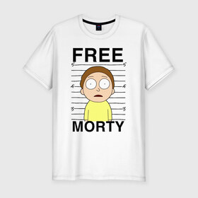 Мужская футболка премиум с принтом Free Morty в Рязани, 92% хлопок, 8% лайкра | приталенный силуэт, круглый вырез ворота, длина до линии бедра, короткий рукав | Тематика изображения на принте: c 137 | morty | morty smith | portal | rick | rick and morty | rick sanchez | sanchez | smith | морти | морти смит | портал | рик | рик и морти | рик санчез | санчез | смит