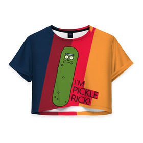 Женская футболка Cropp-top с принтом Pickle Rick в Рязани, 100% полиэстер | круглая горловина, длина футболки до линии талии, рукава с отворотами | Тематика изображения на принте: c 137 | morty | morty smith | portal | rick | rick and morty | rick sanchez | sanchez | smith | морти | морти смит | огурчик рик | пикл рик | пиклрик | портал | рик | рик и морти | рик санчез | санчез | смит