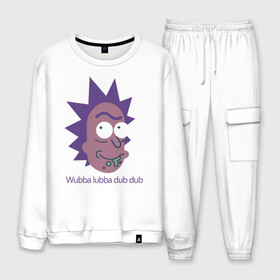 Мужской костюм хлопок с принтом Wubba lubba dub dub в Рязани, 100% хлопок | на свитшоте круглая горловина, мягкая резинка по низу. Брюки заужены к низу, на них два вида карманов: два “обычных” по бокам и два объемных, с клапанами, расположенные ниже линии бедра. Брюки с мягкой трикотажной резинкой на поясе и по низу штанин. В поясе для дополнительного комфорта — широкие завязки | c 137 | morty | morty smith | portal | rick | rick and morty | rick sanchez | sanchez | smith | морти | морти смит | портал | рик | рик и морти | рик санчез | санчез | смит