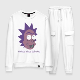 Женский костюм хлопок с принтом Wubba lubba dub dub в Рязани, 100% хлопок | на свитшоте круглая горловина, мягкая резинка по низу. Брюки заужены к низу, на них два вида карманов: два 