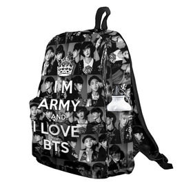 Рюкзак 3D с принтом I am army and I lover BTS в Рязани, 100% полиэстер | лямки с регулируемой длиной, сверху петелька, чтобы рюкзак можно было повесить на вешалку. Основное отделение закрывается на молнию, как и внешний карман. Внутри два дополнительных кармана, один из которых закрывается на молнию. По бокам два дополнительных кармашка | bangtan boys | beyond the scene | boyband | boys | bts | chin | chonguk | collage | crown | edm | flowers | hip hop | jimin | jj hope | k pop | photo | r  b | rm | south korean | suga | wee | бойбенд | ви | джей хоуп | коллаж | корона | мальчики | с