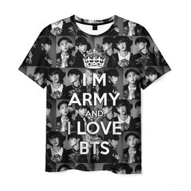 Мужская футболка 3D с принтом I am army and I lover BTS в Рязани, 100% полиэфир | прямой крой, круглый вырез горловины, длина до линии бедер | bangtan boys | beyond the scene | boyband | boys | bts | chin | chonguk | collage | crown | edm | flowers | hip hop | jimin | jj hope | k pop | photo | r  b | rm | south korean | suga | wee | бойбенд | ви | джей хоуп | коллаж | корона | мальчики | с