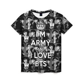 Женская футболка 3D с принтом I am army and I lover BTS в Рязани, 100% полиэфир ( синтетическое хлопкоподобное полотно) | прямой крой, круглый вырез горловины, длина до линии бедер | bangtan boys | beyond the scene | boyband | boys | bts | chin | chonguk | collage | crown | edm | flowers | hip hop | jimin | jj hope | k pop | photo | r  b | rm | south korean | suga | wee | бойбенд | ви | джей хоуп | коллаж | корона | мальчики | с