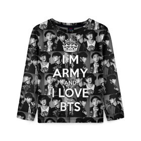 Детский лонгслив 3D с принтом I am army and I lover BTS в Рязани, 100% полиэстер | длинные рукава, круглый вырез горловины, полуприлегающий силуэт
 | bangtan boys | beyond the scene | boyband | boys | bts | chin | chonguk | collage | crown | edm | flowers | hip hop | jimin | jj hope | k pop | photo | r  b | rm | south korean | suga | wee | бойбенд | ви | джей хоуп | коллаж | корона | мальчики | с