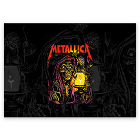 Поздравительная открытка с принтом Metallica  в Рязани, 100% бумага | плотность бумаги 280 г/м2, матовая, на обратной стороне линовка и место для марки
 | american | death | fly | holds | james hetfield | kirk hammett | lantern | metal band | metallica | moths | music | mysticism | rock | skeleton | skull | американская | держит | джеймс хетфилд | ларс ульрих | летают | метал группа | металлика | мистика | 