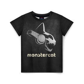 Детская футболка 3D с принтом Monstercat в Рязани, 100% гипоаллергенный полиэфир | прямой крой, круглый вырез горловины, длина до линии бедер, чуть спущенное плечо, ткань немного тянется | monstercat | клуб | клубная музыка | кот | котенок | кошка | лейбл | монстар | монстар кет | монстер | музыка | танцевальная музыка | электронная | электронная музыка