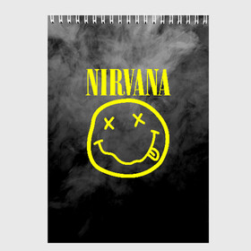 Скетчбук с принтом NIRVANA в Рязани, 100% бумага
 | 48 листов, плотность листов — 100 г/м2, плотность картонной обложки — 250 г/м2. Листы скреплены сверху удобной пружинной спиралью | nirvana | smile | курт кобейн | нирвана | смайл