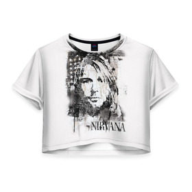 Женская футболка Cropp-top с принтом Kurt Cobain в Рязани, 100% полиэстер | круглая горловина, длина футболки до линии талии, рукава с отворотами | bleach | blew | cobain | dave | geffen | hormoaning | in utero | incesticide | krist | kurt | nevermind | nirvana | novoselic | rock | vevo | геффен | курт кобейн | нирвана | рок