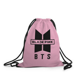 Рюкзак-мешок 3D с принтом BTS and BLACKPINK в Рязани, 100% полиэстер | плотность ткани — 200 г/м2, размер — 35 х 45 см; лямки — толстые шнурки, застежка на шнуровке, без карманов и подкладки | Тематика изображения на принте: bangtan boys | black | blackpink | bt21 | bts | k pop | pink | rose | блек пинк | блекпинк | блэк пинк | блэкпинк | бтс