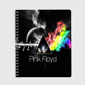 Тетрадь с принтом PINK FLOYD в Рязани, 100% бумага | 48 листов, плотность листов — 60 г/м2, плотность картонной обложки — 250 г/м2. Листы скреплены сбоку удобной пружинной спиралью. Уголки страниц и обложки скругленные. Цвет линий — светло-серый
 | music | pink floyd | the dark side of the moon | космос | луна | музыка | пинк флойд | призма | рок | треугольник | триангулярная призма