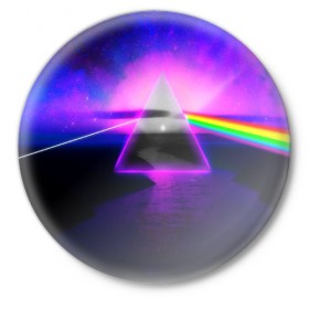 Значок с принтом PINK FLOYD в Рязани,  металл | круглая форма, металлическая застежка в виде булавки | music | pink floyd | the dark side of the moon | космос | луна | музыка | пинк флойд | призма | рок | треугольник | триангулярная призма