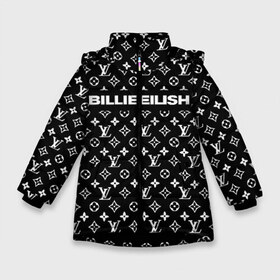 Зимняя куртка для девочек 3D с принтом BILLIE EILISH в Рязани, ткань верха — 100% полиэстер; подклад — 100% полиэстер, утеплитель — 100% полиэстер. | длина ниже бедра, удлиненная спинка, воротник стойка и отстегивающийся капюшон. Есть боковые карманы с листочкой на кнопках, утяжки по низу изделия и внутренний карман на молнии. 

Предусмотрены светоотражающий принт на спинке, радужный светоотражающий элемент на пуллере молнии и на резинке для утяжки. | Тематика изображения на принте: be | billie | billie eilish | blohsh | brand | france | logo | louis vuitton | lv | pattern | билли | билли айлиш | бренд | лв | лого | лоуис вуиттон | луи вуиттон | мода | паттерн | фигуры | франция