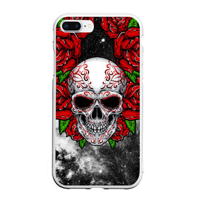 Чехол для iPhone 7Plus/8 Plus матовый с принтом Skull and Roses в Рязани, Силикон | Область печати: задняя сторона чехла, без боковых панелей | flowers | muertos | roses | skull | space | tribal | звезды | космос | лепестки | муэртос | розы | трайбл | цветы | череп